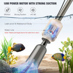 Aquarium cleaning tool with power motor and suction capabilities, set against an aquarium background.