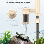 Aquarium filtration system with water flow regulator and filter sponge, featuring a turtle and plants.