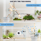 Automatic aquarium water management system with text indicating time savings and features.