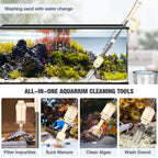 Aquarium cleaning tool set with images of an aquarium and text describing its functions.