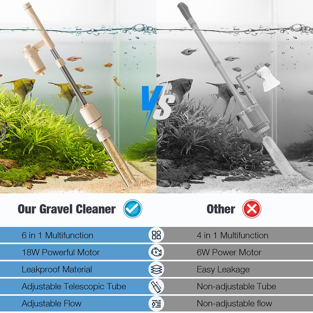 Comparison of a gravel cleaner with another product in an aquarium setting.