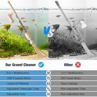 Comparison of a gravel cleaner with another product in an aquarium setting.