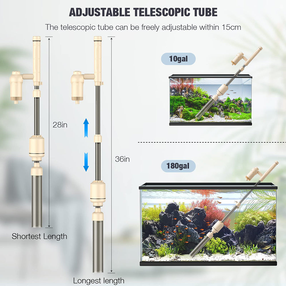 Telescopic aquarium cleaning tool with adjustable length shown in relation to different aquarium sizes.