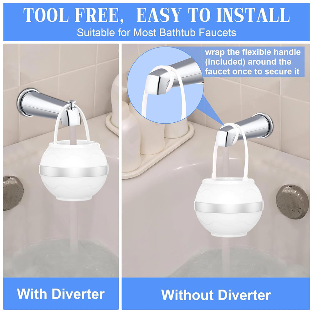 Bath faucet attachment with and without diverter on a tiled bathroom wall.