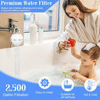 Woman and child in a bathtub with a premium water filter, showing ease of use and suitability for all bathtubs.