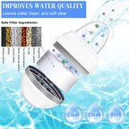 Water filter with text highlighting its benefits on a blue water background
