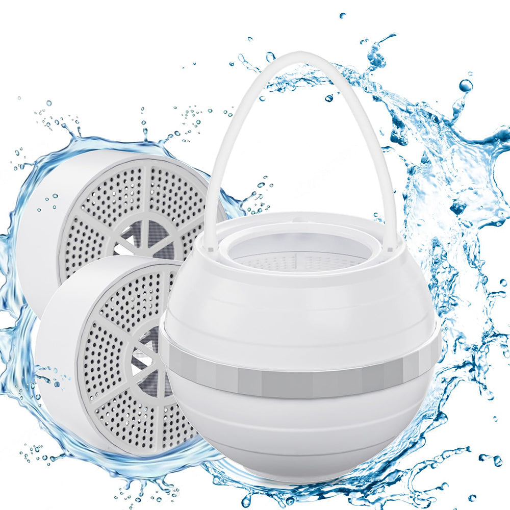 White spherical speaker with water droplets and splashes on a white background