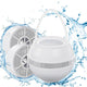 White spherical speaker with water droplets and splashes on a white background