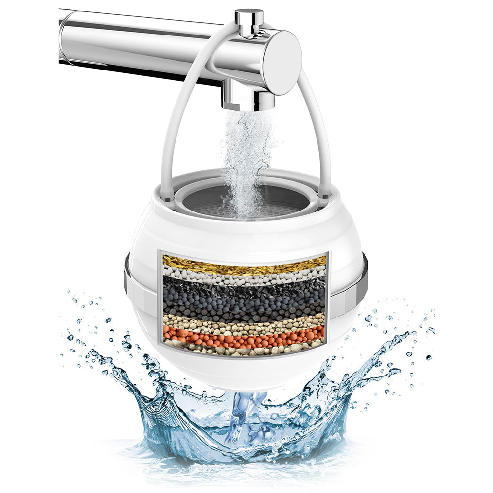 Water filter with water flowing out on a white background