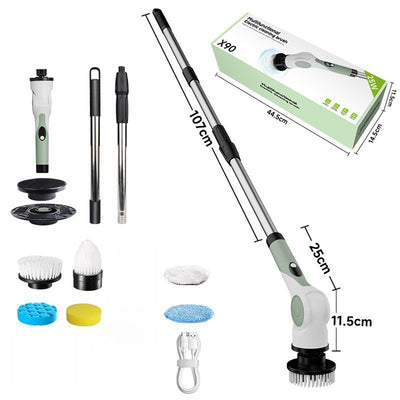 Cleaning tool set with various attachments and packaging on a white background