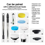 Cleaning tool set with various brush heads and accessories on a white background