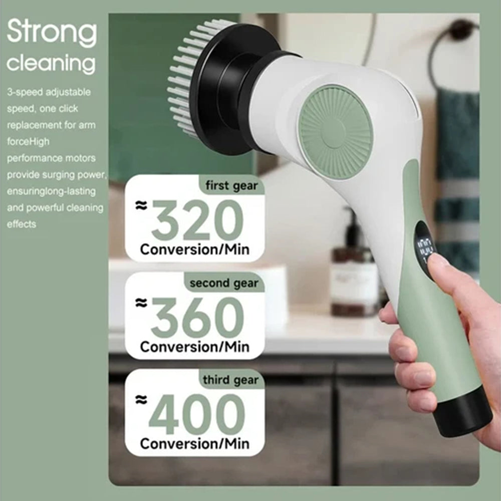 Handheld cleaning tool with speed settings displayed on a green background