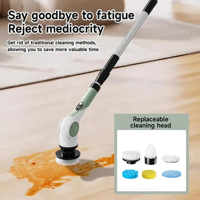 Cleaning tool with replaceable heads on a wooden floor, with text promoting efficiency.