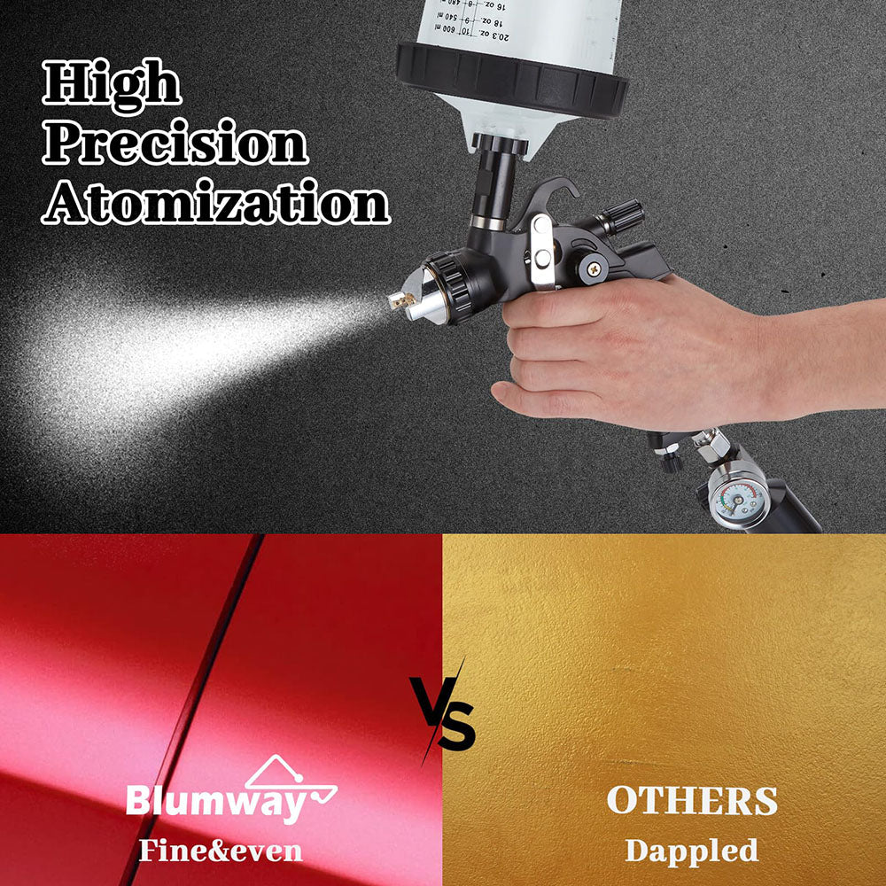 AxiaTool HVLP air spray gun with interchangeable 1.4, 1.7, and 2mm nozzles for precise home improvement projects.