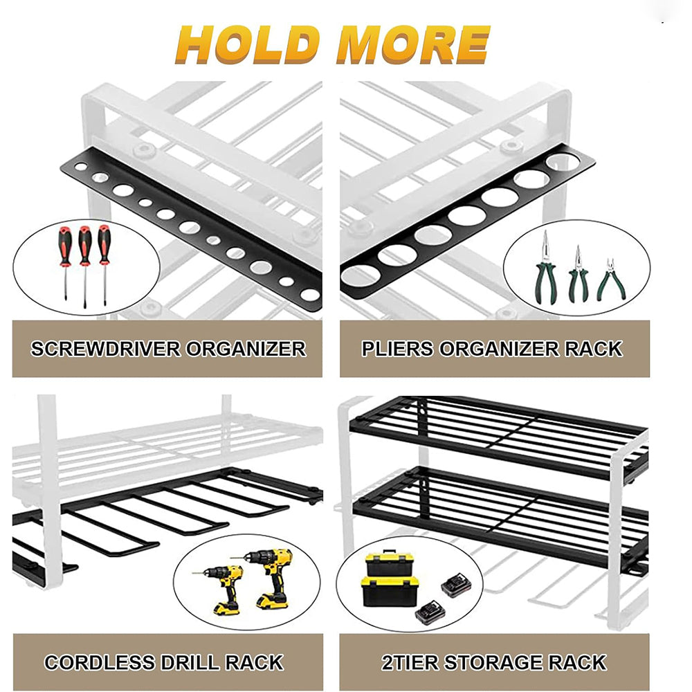 Wall mounted tool holder by AxiaTool featuring multiple hooks for organizing various tools in a garage or workshop.