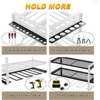 Wall mounted tool holder by AxiaTool featuring multiple hooks for organizing various tools in a garage or workshop.
