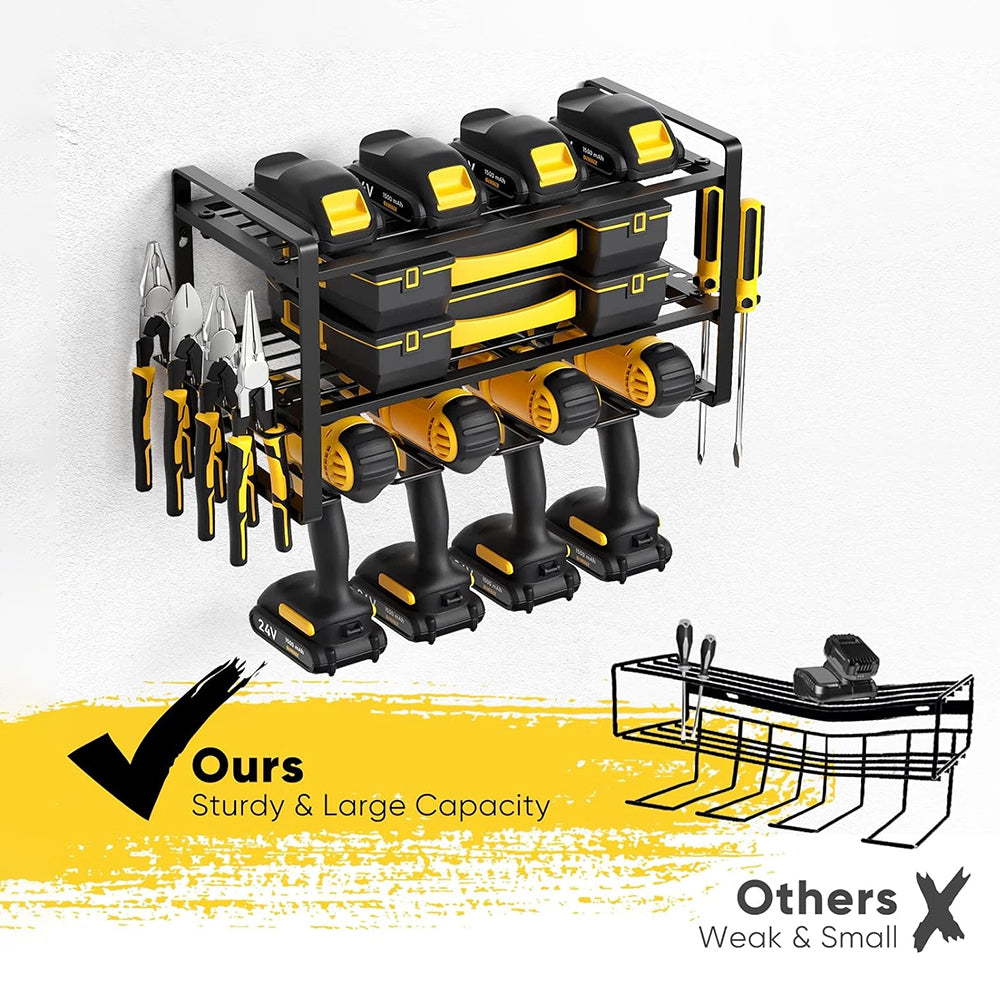 Wall mounted tool holder by AxiaTool displaying various tools organized and easily accessible on a garage wall.