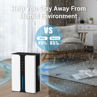 Humidifier in a room with text indicating it helps stay away from humid environments