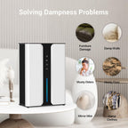 AxiaTool 2 in 1 portable dehumidifier, sleek white design, compact for home use, featuring a removable water tank.