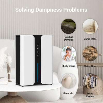 AxiaTool 2 in 1 portable dehumidifier, sleek white design, compact for home use, featuring a removable water tank.