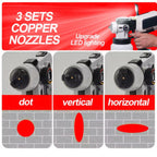 Three sets of copper nozzles labeled 'dot', 'vertical', and 'horizontal' with a spray gun on a red background.