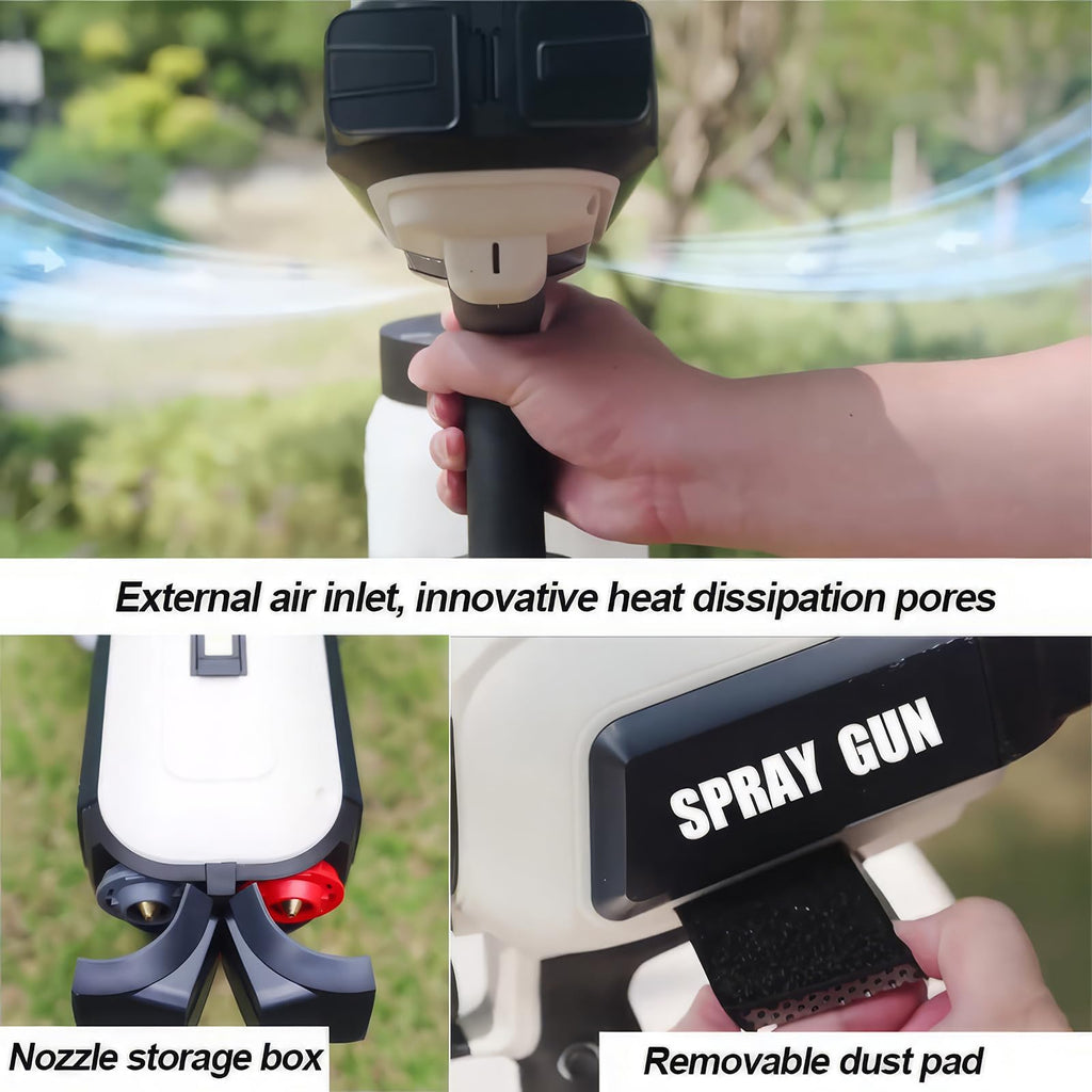 Spray gun with features highlighted on a blurred outdoor background