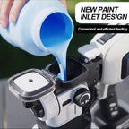 Blue paint being poured into a paint inlet design of a device with text 'NEW PAINT INLET DESIGN' and 'Convenient and efficient feeding'.