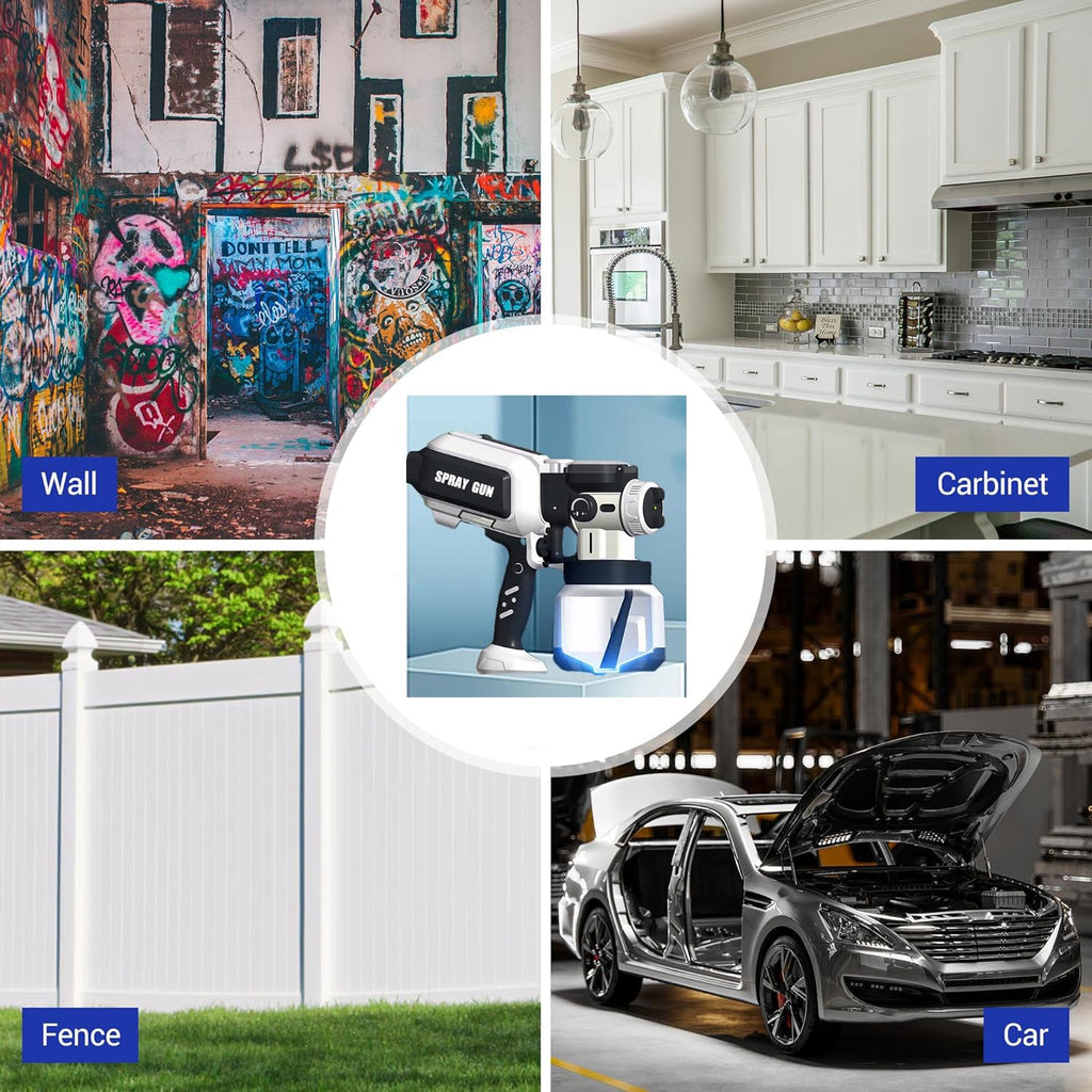 Collage of a wall, cabinet, fence, and car with a central focus on a spray gun.
