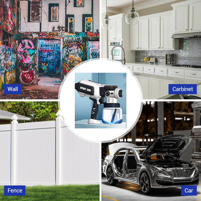 Collage of a wall, cabinet, fence, and car with a central focus on a spray gun.