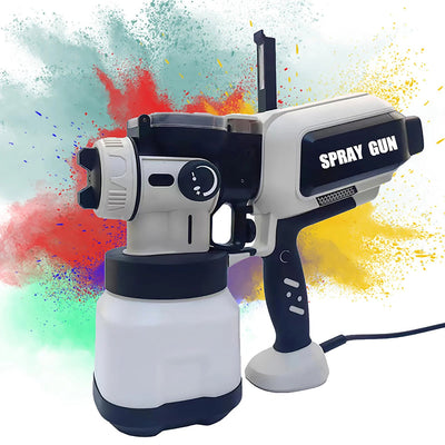 Spray gun with colorful paint splashes in the background