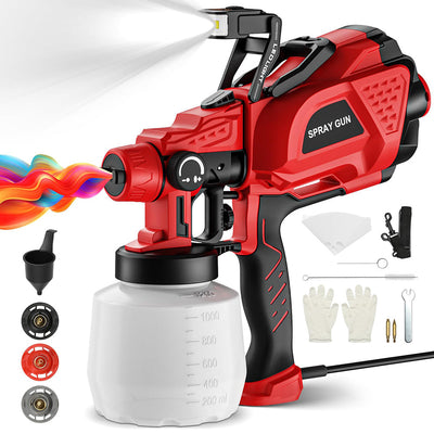Red and black spray gun with accessories on a white background