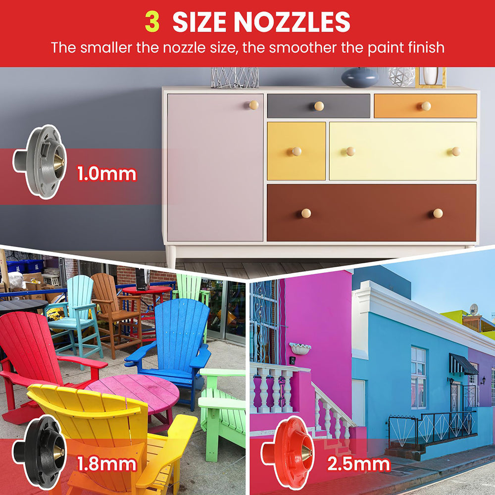 Collage of colorful furniture and outdoor chairs with paint nozzle size labels.