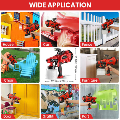 Red spray gun with various application scenarios including house, car, fence, chair, door, and graffiti.
