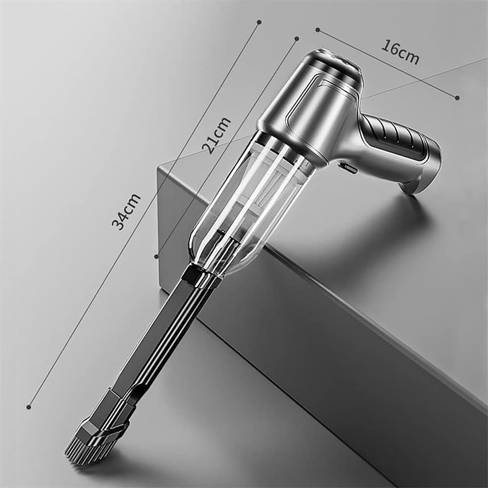 Handheld vacuum cleaner with dimensions labeled on a gray background