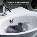 Filter screen for a faucet being washed in a sink with text indicating it is washable and environmentally friendly.