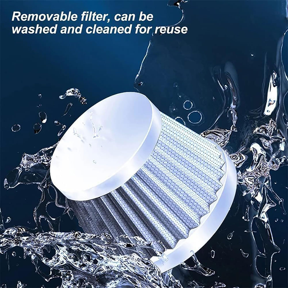 Filter with water splashes around it, text indicating it is removable and washable.