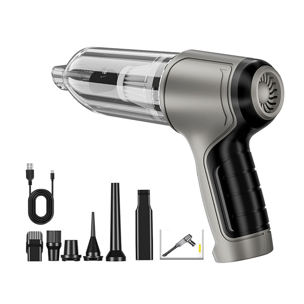 Handheld vacuum cleaner with attachments on a white background