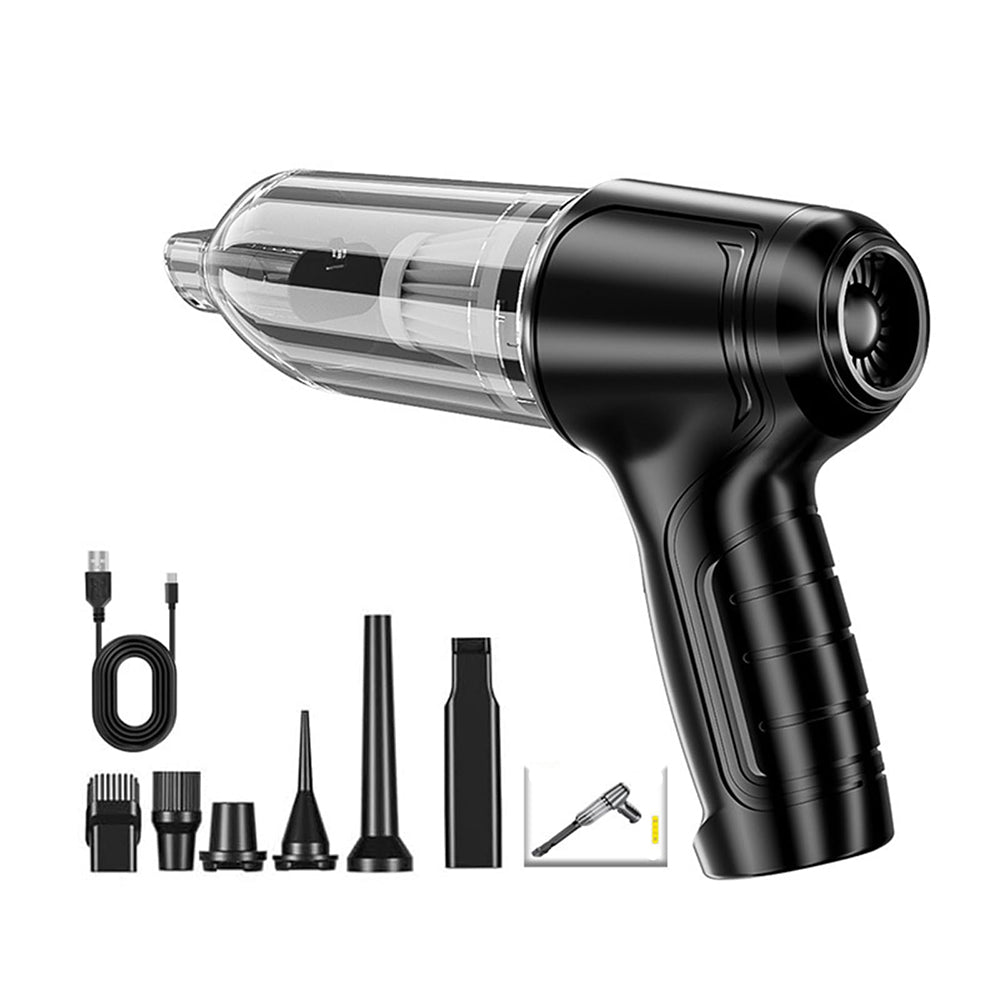 Black handheld vacuum cleaner with attachments on a white background