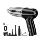 Black handheld vacuum cleaner with attachments on a white background