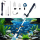 Aquarium cleaning tool set with components and an underwater view of an aquarium with fish and plants.