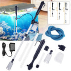 Aquarium cleaning tool set with hose, power adapter, and various attachments on a white background.
