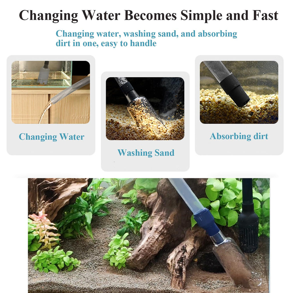 Product demonstration for aquarium maintenance with text and images of water changing, sand washing, and dirt absorbing.