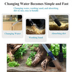 Product demonstration for aquarium maintenance with text and images of water changing, sand washing, and dirt absorbing.
