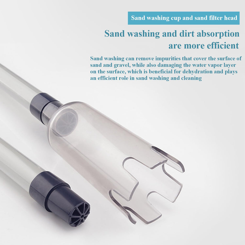 Sand washing cup and sand filter head with text on a light gray background