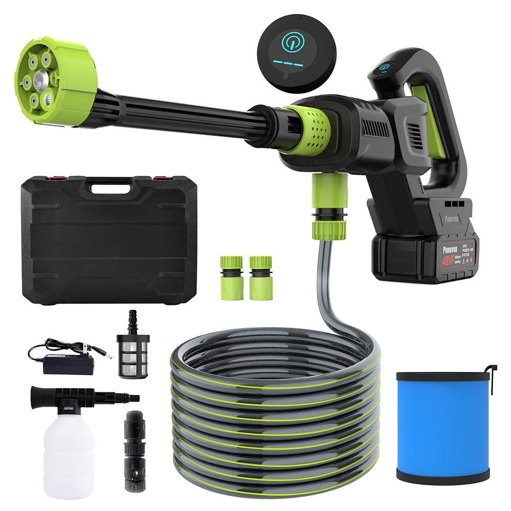 Electric pressure washer with various attachments on a white background