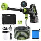 Electric pressure washer with various attachments on a white background