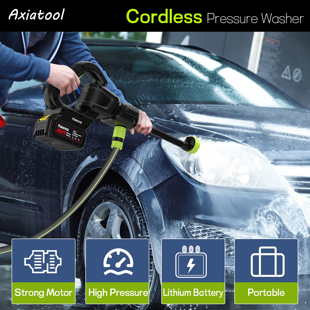 Person using a cordless pressure washer to clean a car, with product features highlighted.