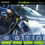 Person using a cordless pressure washer to clean a car, with product features highlighted.