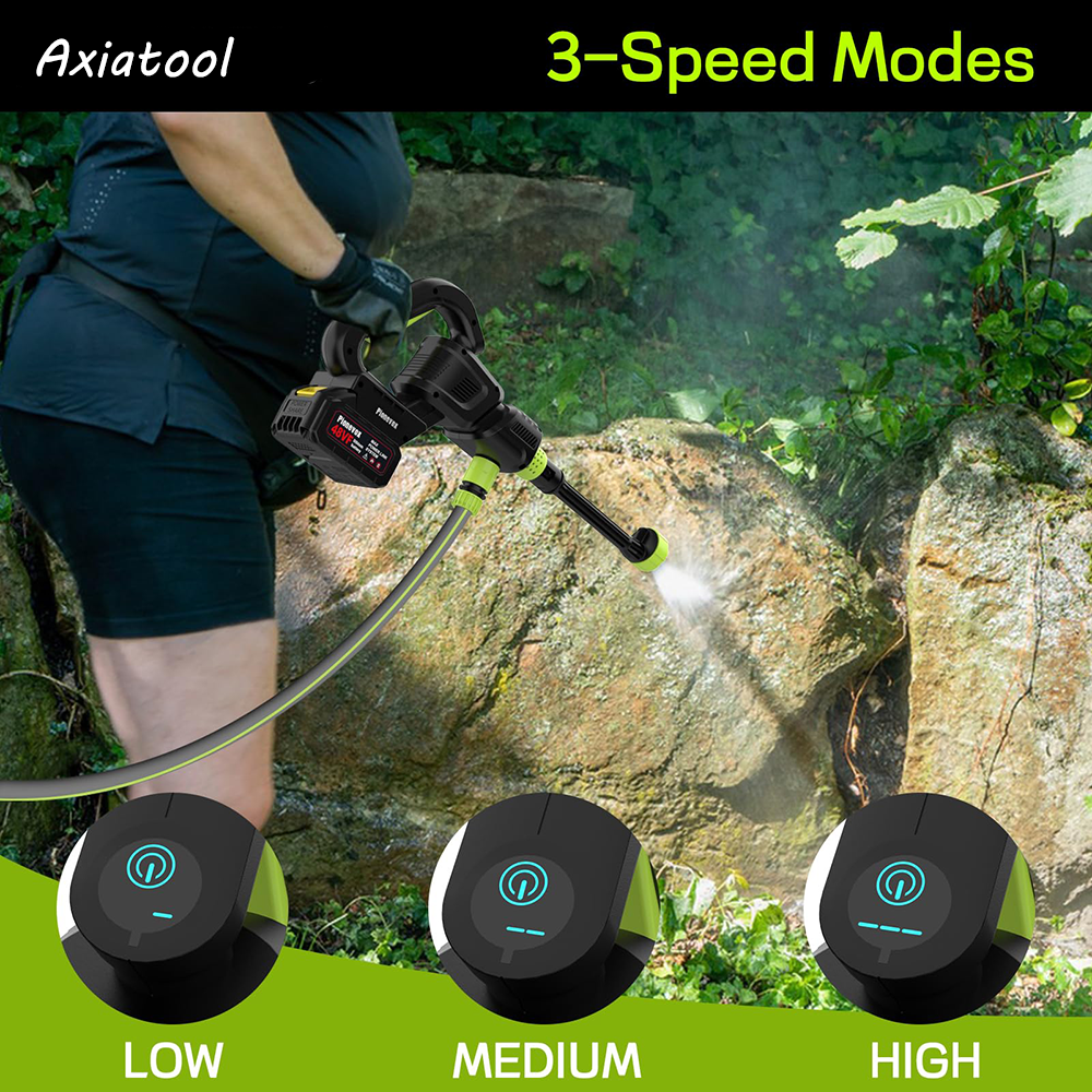 Person using a pressure washer with 3-speed modes on a rock, brand 'Axiatool' visible.