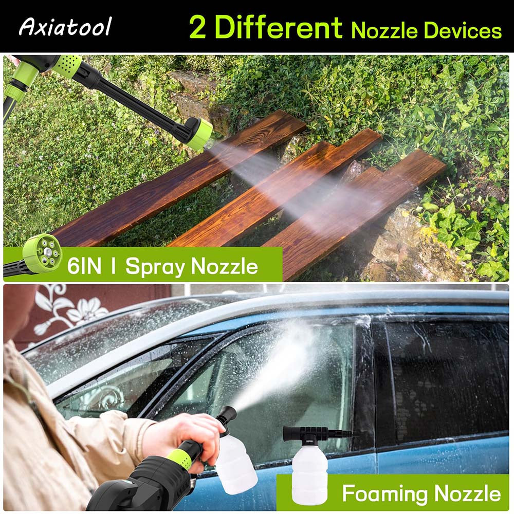 Two nozzle devices being used on a car and wooden surface with text indicating different functions.